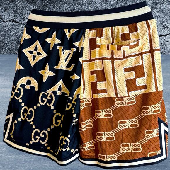 •NWT• SECRET CLUB OVERSIZED MONOGRAM
MESH SHORTS Large Gold/Brown • NEW - Picture 2 of 15